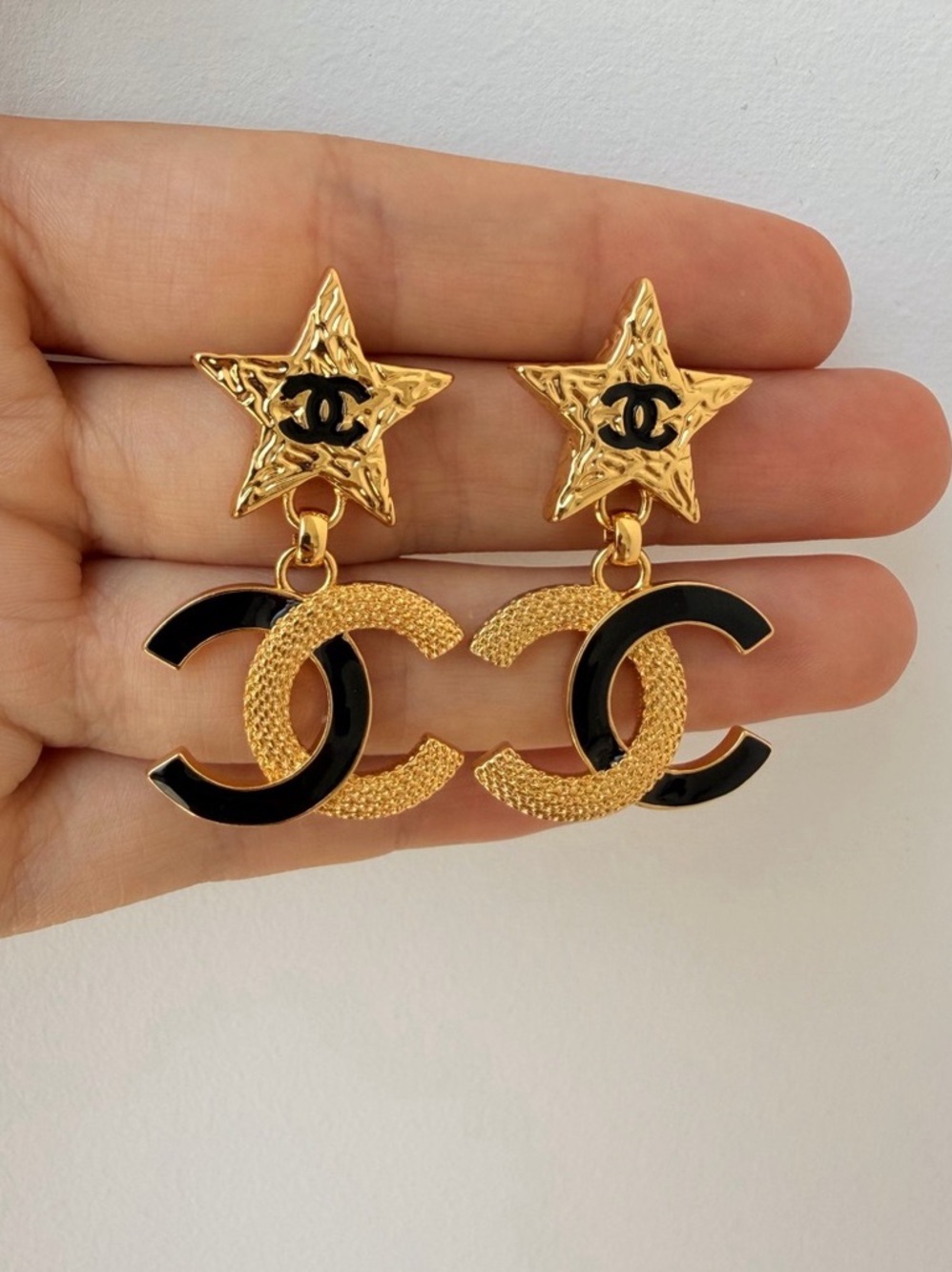 Chanel CC Logos Black Star Drop Stud Earrings Gold Tone